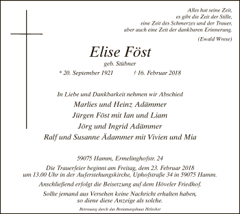 Traueranzeige von Elise Föst von MZV