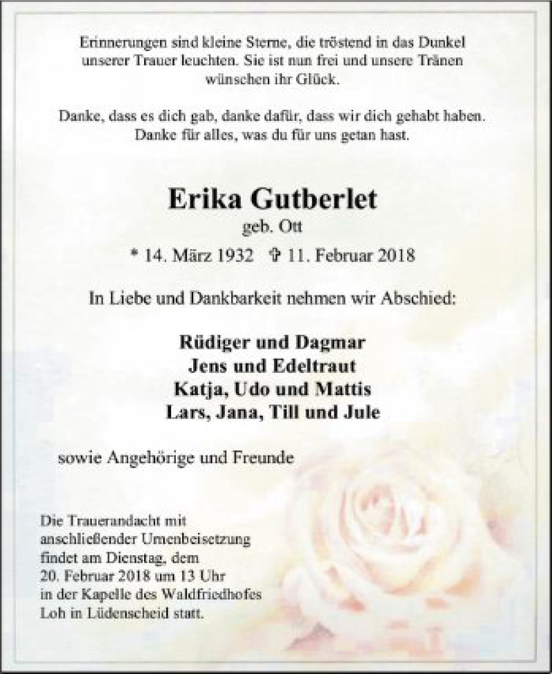  Traueranzeige für Erika Gutberlet vom 17.02.2018 aus MZV