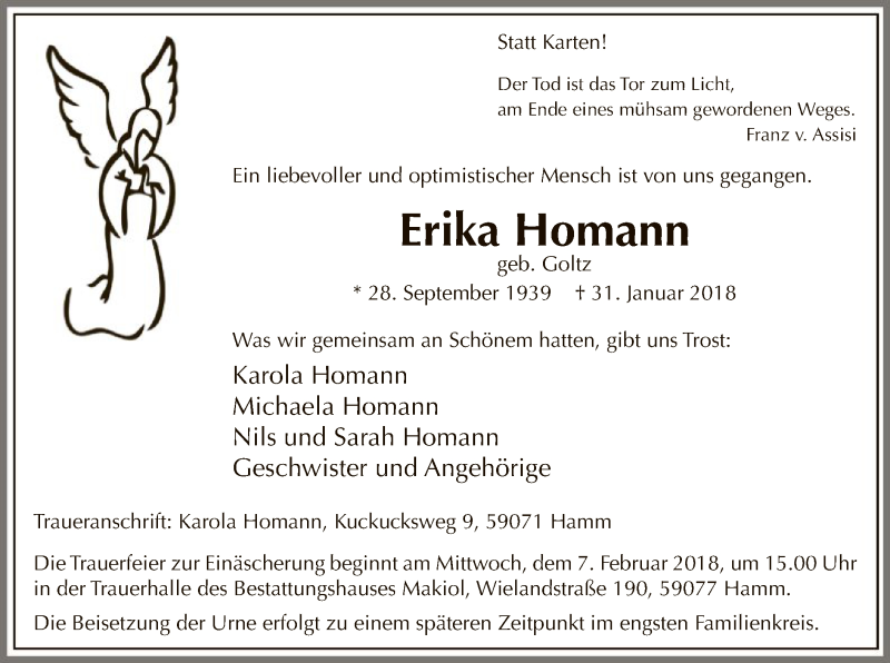  Traueranzeige für Erika Homann vom 03.02.2018 aus MZV