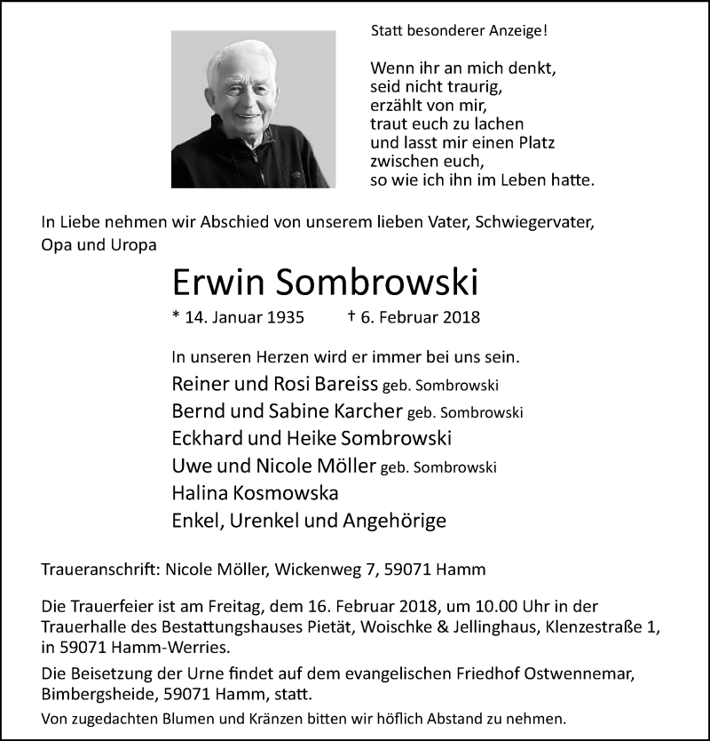  Traueranzeige für Erwin Sombrowski vom 10.02.2018 aus MZV