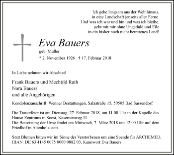 Traueranzeige von Eva Bauers von MZV