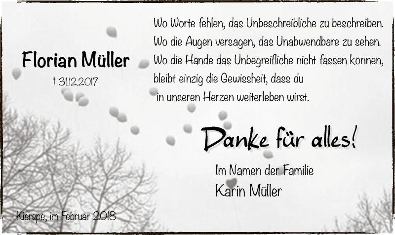  Traueranzeige für Florian Müller vom 24.02.2018 aus MZV