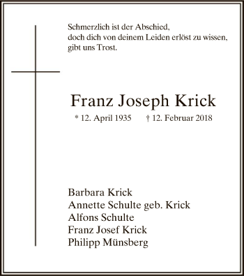 Traueranzeige von Franz Joseph Krick von MZV