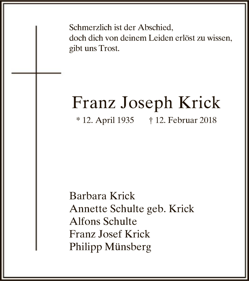  Traueranzeige für Franz Joseph Krick vom 24.02.2018 aus MZV