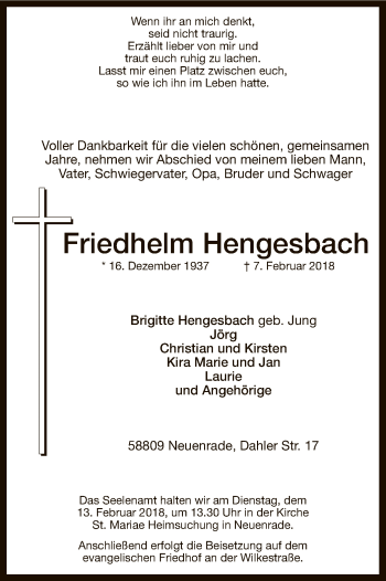 Traueranzeige von Friedhelm Hengesbach von MZV