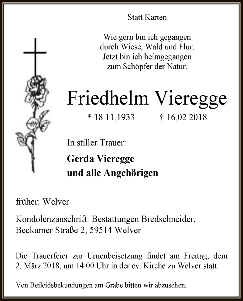  Traueranzeige für Friedhelm Vieregge vom 26.02.2018 aus MZV