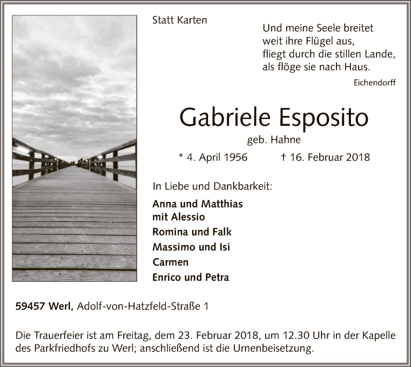  Traueranzeige für Gabriele Esposito vom 20.02.2018 aus MZV