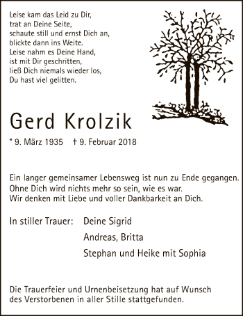 Traueranzeige von Gerd Krolzik von MZV