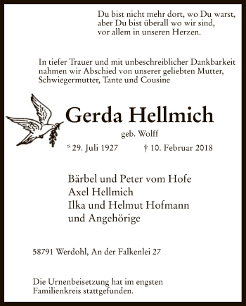 Traueranzeige von Gerda Hellmich von MZV