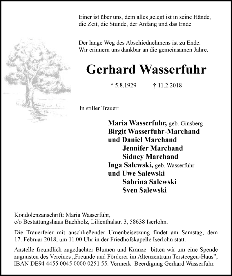  Traueranzeige für Gerhard Wasserfuhr vom 15.02.2018 aus MZV