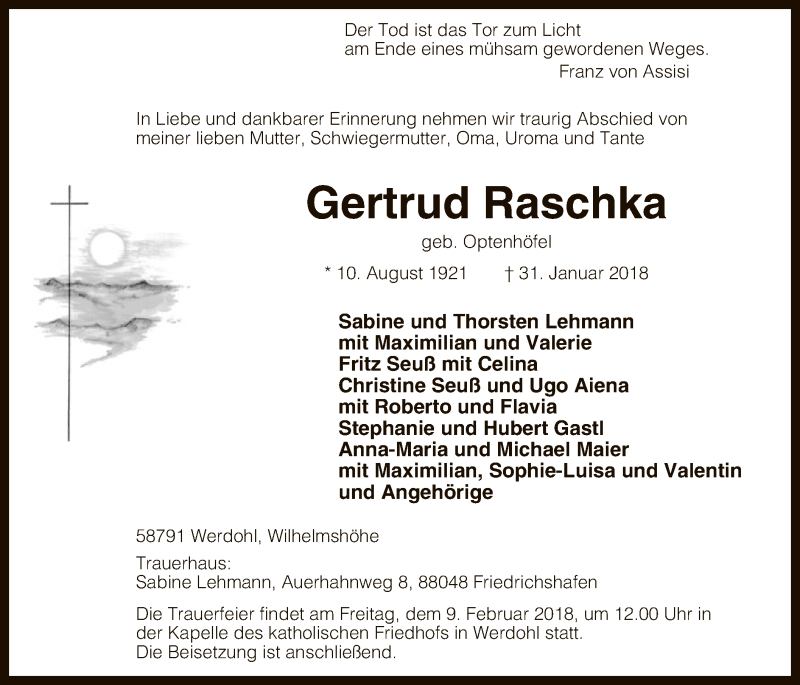  Traueranzeige für Gertrud Raschka vom 03.02.2018 aus MZV