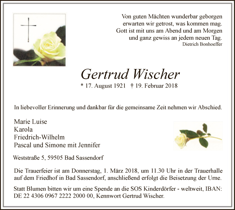  Traueranzeige für Gertrud Wischer vom 24.02.2018 aus MZV