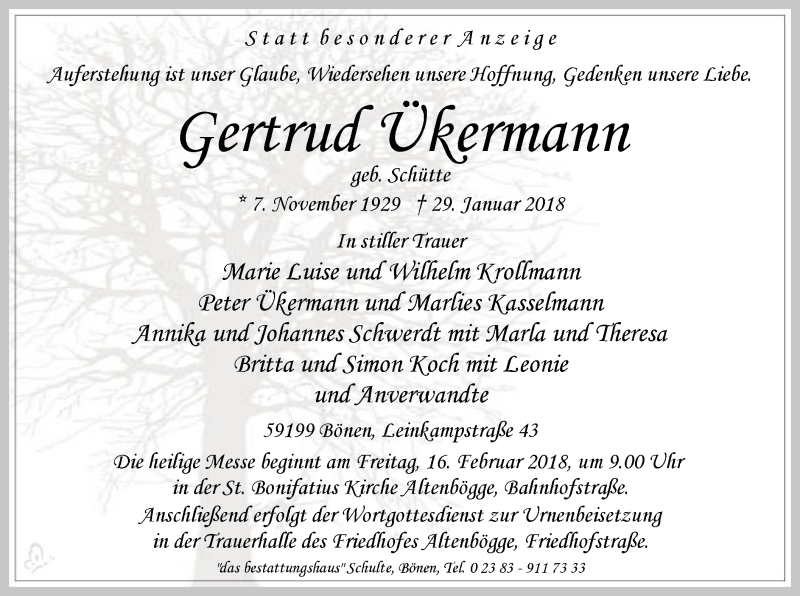  Traueranzeige für Gertrud Ükermann vom 03.02.2018 aus MZV