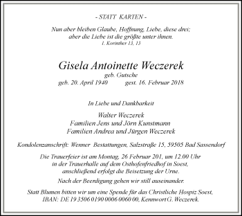 Traueranzeige von Gisela Antoinette Weczerek von MZV