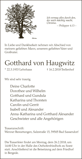Traueranzeige von Gotthard von Haugwitz von MZV