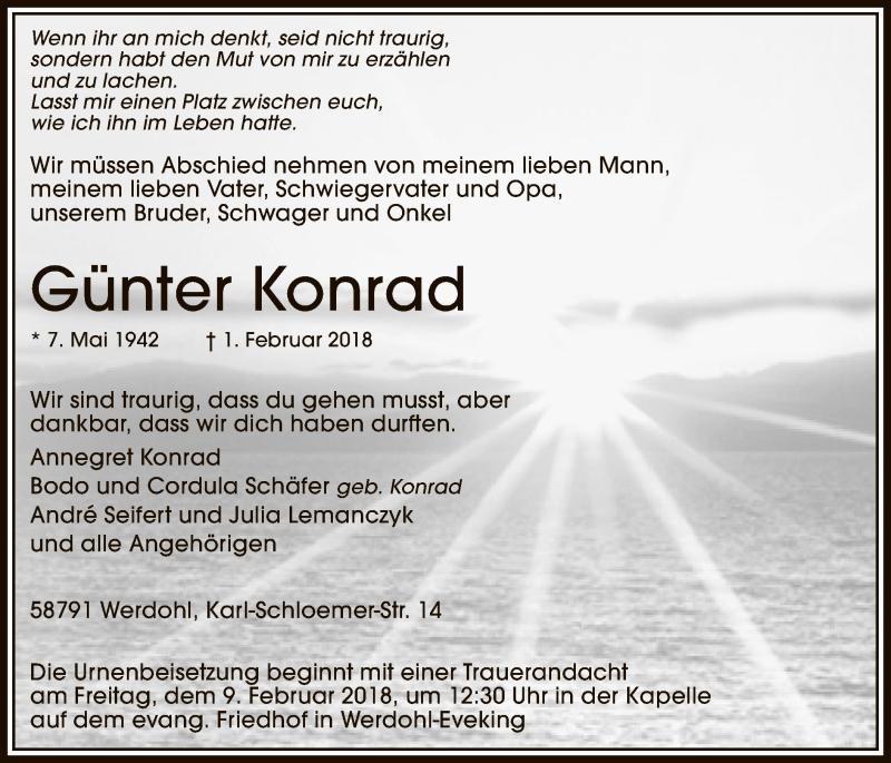  Traueranzeige für Günter Konrad vom 06.02.2018 aus MZV