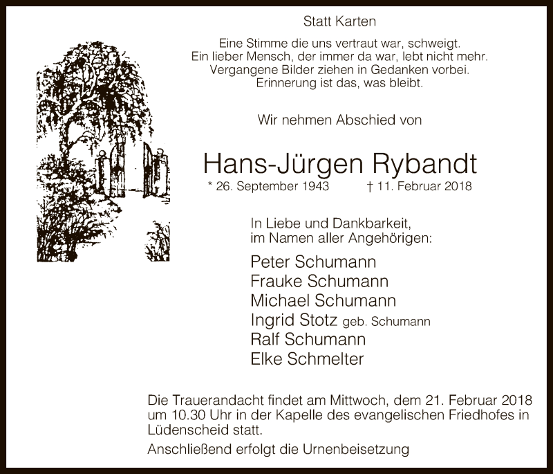 Traueranzeige für Hans-Jürgen Rybandt vom 17.02.2018 aus MZV