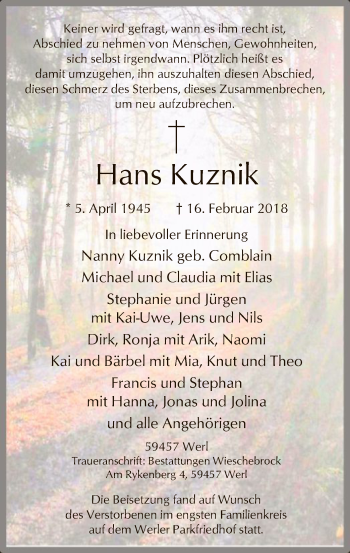 Traueranzeige von Hans Kuznik von MZV