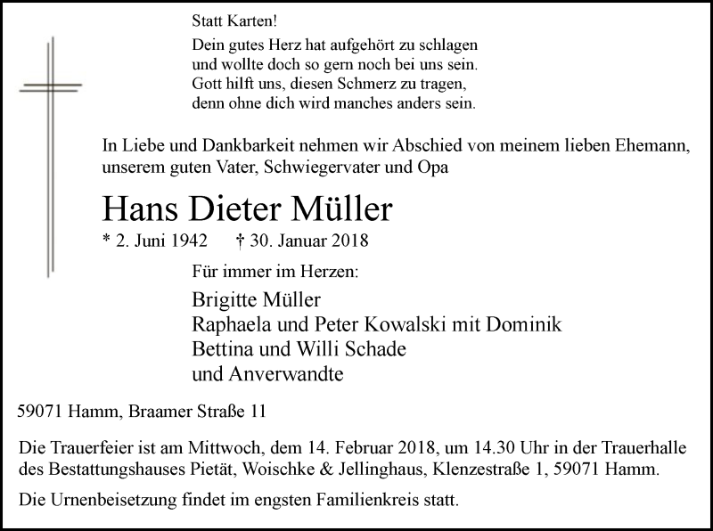  Traueranzeige für Hans Dieter Müller vom 10.02.2018 aus MZV