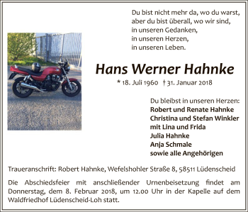 Traueranzeige von Hans Werner Hahnke von MZV