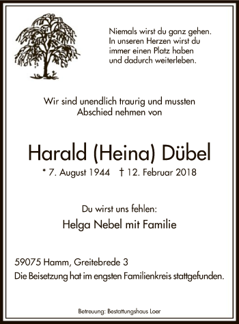 Traueranzeige von Harald Heina Dübel von MZV