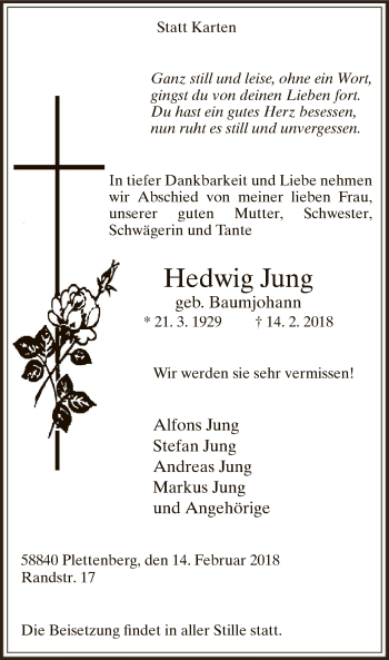 Traueranzeige von Hedwig Jung von MZV