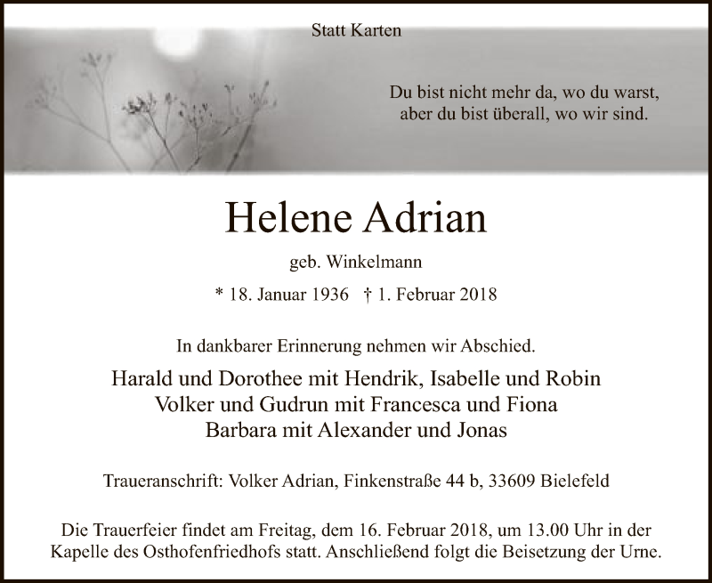  Traueranzeige für Helene Adrian vom 10.02.2018 aus MZV
