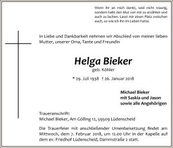 Traueranzeige von Helga Bieker von MZV