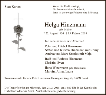 Traueranzeige von Helga Hinzmann von MZV