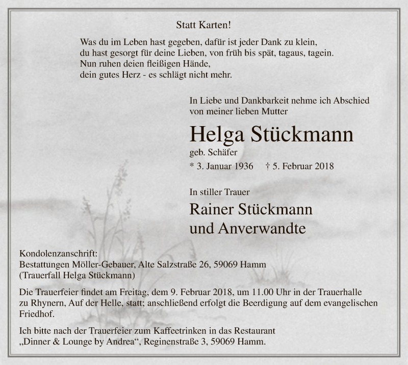  Traueranzeige für Helga Stückmann vom 07.02.2018 aus MZV