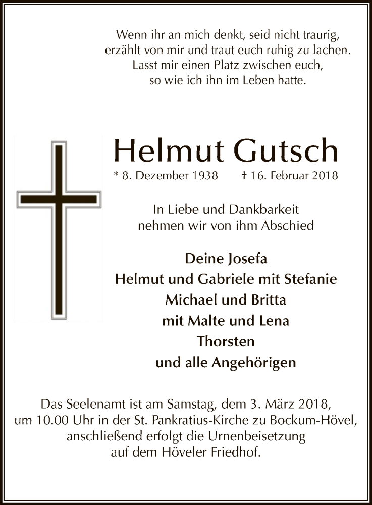  Traueranzeige für Helmut Gutsch vom 28.02.2018 aus MZV