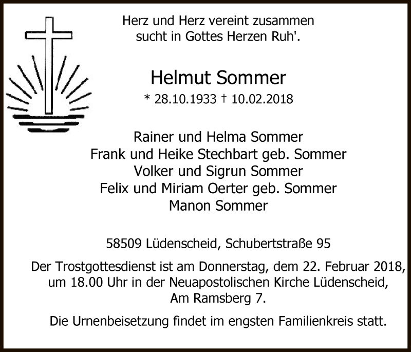  Traueranzeige für Helmut Sommer vom 17.02.2018 aus MZV