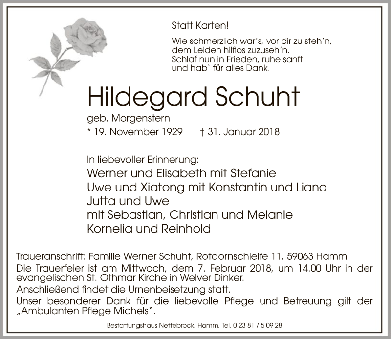  Traueranzeige für Hildegard Schuht vom 03.02.2018 aus MZV
