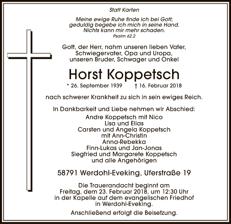  Traueranzeige für Horst Koppetsch vom 20.02.2018 aus MZV