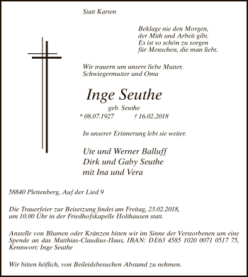 Traueranzeige von Inge Seuthe von MZV