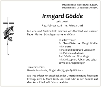 Traueranzeige von Irmgard Gödde von MZV