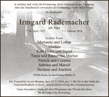 Traueranzeige von Irmgard Rademacher von MZV