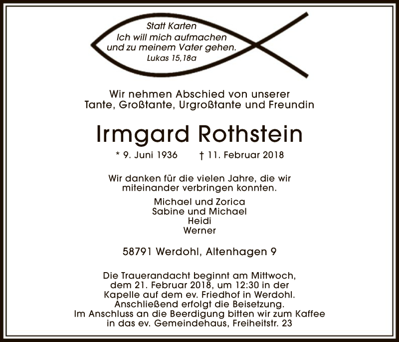  Traueranzeige für Irmgard Rothstein vom 17.02.2018 aus MZV