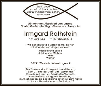 Traueranzeige von Irmgard Rothstein von MZV
