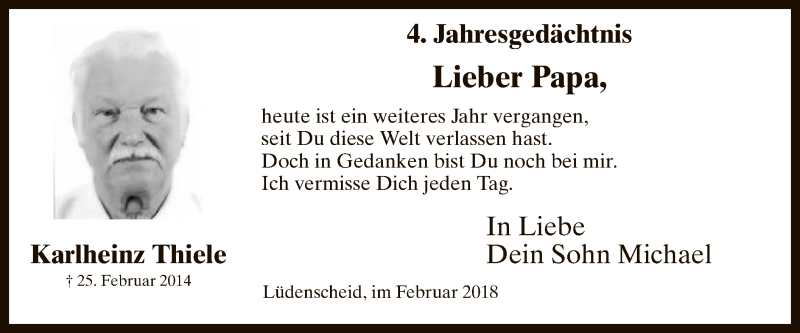  Traueranzeige für Karlheinz Thiele vom 24.02.2018 aus MZV