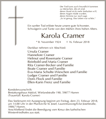 Traueranzeige von Karola Cramer von MZV