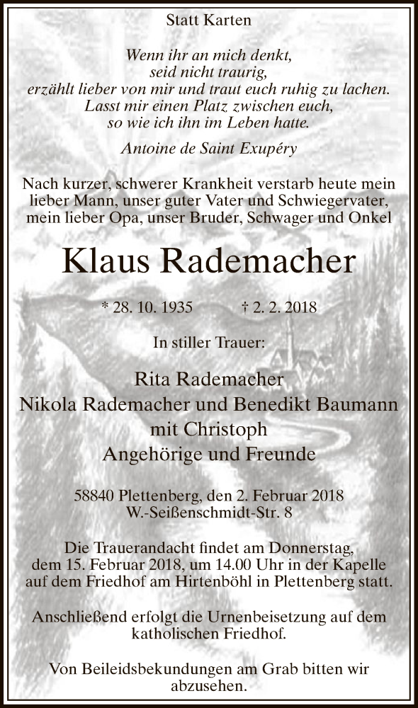  Traueranzeige für Klaus Rademacher vom 05.02.2018 aus MZV