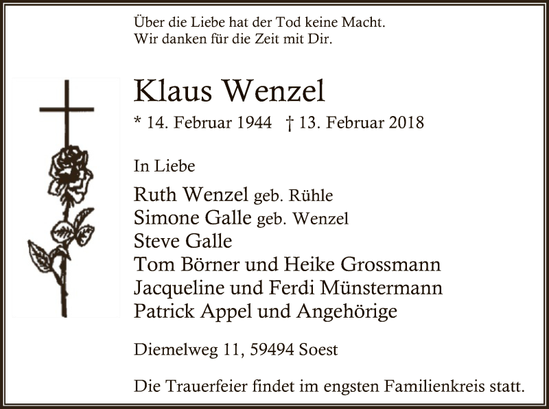  Traueranzeige für Klaus Wenzel vom 17.02.2018 aus MZV