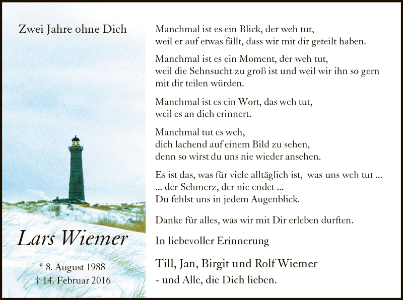 Traueranzeige für Lars Wiemer vom 17.02.2018 aus MZV