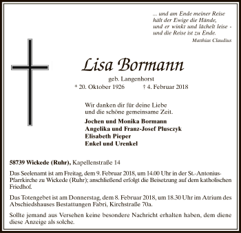 Traueranzeige von Lisa Bormann von MZV