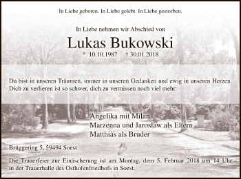 Traueranzeige von Lukas Bukowski von MZV