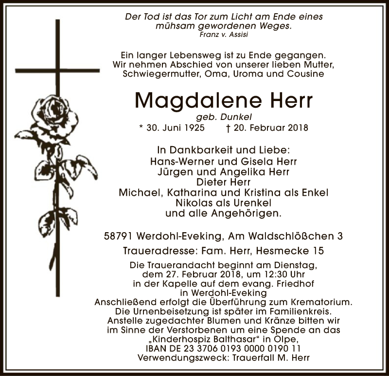  Traueranzeige für Magdalene Herr vom 23.02.2018 aus MZV
