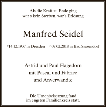 Traueranzeige von Manfred Seidel von MZV