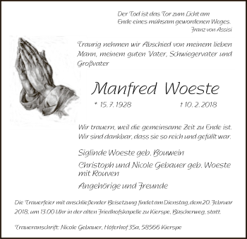Traueranzeige von Manfred Woeste von MZV