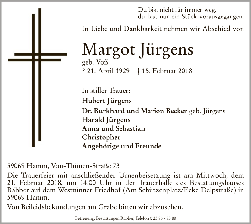  Traueranzeige für Margot Jürgens vom 17.02.2018 aus MZV